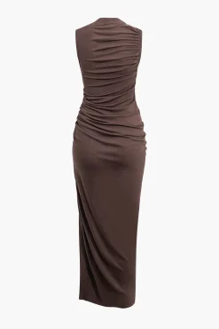 Asymmetric Ruched Drawstring Slit Sleeveless Maxi Dress