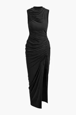 Asymmetric Ruched Drawstring Slit Sleeveless Maxi Dress