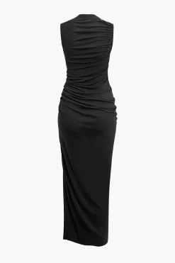 Asymmetric Ruched Drawstring Slit Sleeveless Maxi Dress