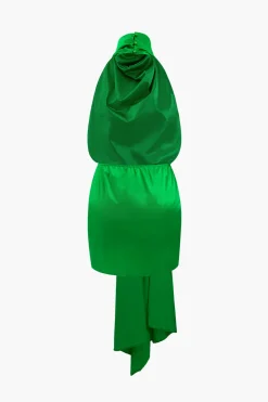 Asymmetric Satin Halter Mini Dress