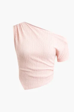 Asymmetric Texture Top and Ruched Skirt Set