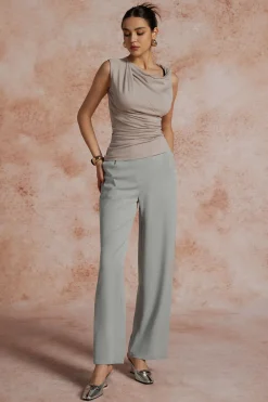 Asymmetric Waist Ruched Straight Leg Pants