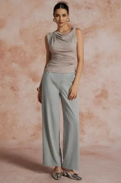 Asymmetric Waist Ruched Straight Leg Pants