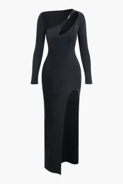 Asymmetrical Cut Out Long Sleeve Slit Knit Maxi Dress