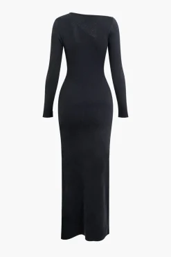 Asymmetrical Cut Out Long Sleeve Slit Knit Maxi Dress