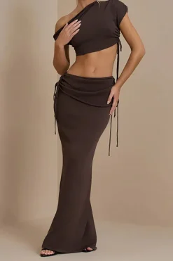 Asymmetrical Drawstring Short Sleeve Crop Top And Maxi Skirt Set
