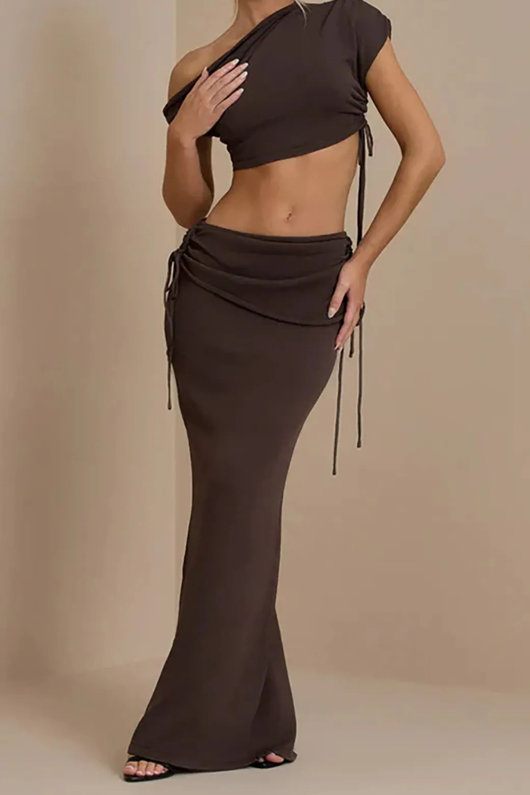 Asymmetrical Drawstring Short Sleeve Crop Top And Maxi Skirt Set