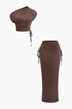 Asymmetrical Drawstring Short Sleeve Crop Top And Maxi Skirt Set