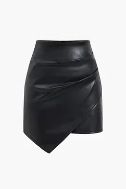 Asymmetrical Faux Leather Ruched Skirt