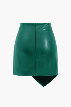 Asymmetrical Faux Leather Ruched Skirt