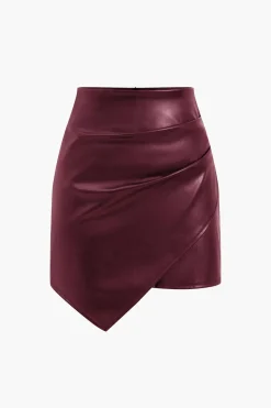 Asymmetrical Faux Leather Ruched Skirt