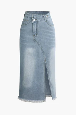 Asymmetrical Frayed Hem Slit Denim Midi Skirt