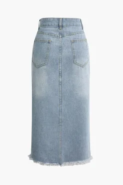 Asymmetrical Frayed Hem Slit Denim Midi Skirt