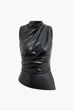 Asymmetrical Hem Faux Leather Mock Neck Ruched Sleeveless Top