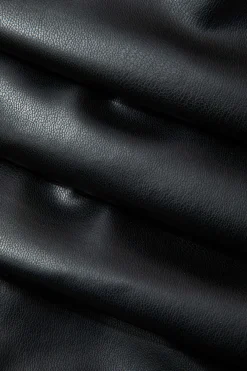 Asymmetrical Hem Faux Leather Mock Neck Ruched Sleeveless Top