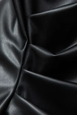Asymmetrical Hem Faux Leather Mock Neck Ruched Sleeveless Top