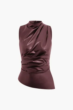 Asymmetrical Hem Faux Leather Mock Neck Ruched Sleeveless Top