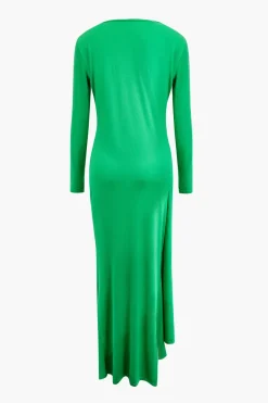 Asymmetrical Hem Round Neck Ruched Long Sleeve Maxi Dress
