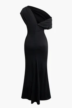 Asymmetrical One Shoulder Ruched Slit Maxi Dress