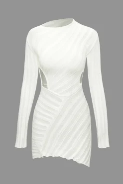 Asymmetrical Ripped Cut Out Knit Long Sleeve Mini Dress