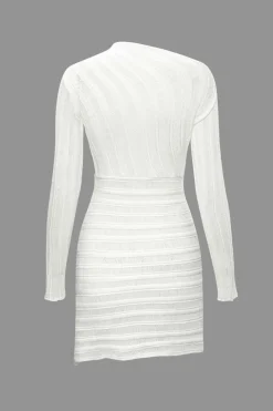 Asymmetrical Ripped Cut Out Knit Long Sleeve Mini Dress