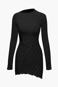 Asymmetrical Ripped Cut Out Knit Long Sleeve Mini Dress