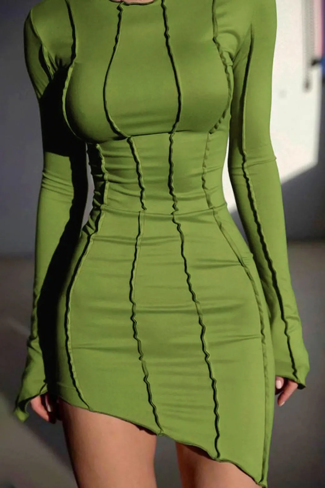 Asymmetrical Round Neck Seam Detail Long Sleeve Mini Dress