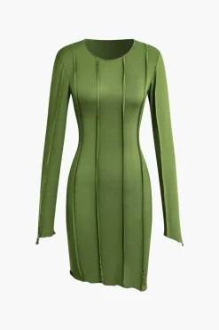 Asymmetrical Round Neck Seam Detail Long Sleeve Mini Dress