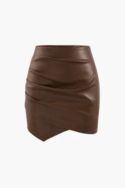 Asymmetrical Ruched Faux Leather Mini Skirt