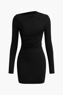 Asymmetrical Ruched Long Sleeve Mini Dress