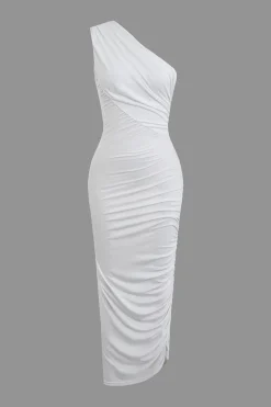 Asymmetrical Ruched One Shoulder Midi Dress