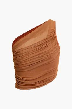 Asymmetrical Ruched Sleeveless Mesh Swimsuit