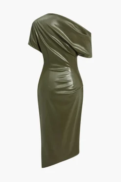 Asymmetrical Shoulder Faux Leather Bodycon Dress