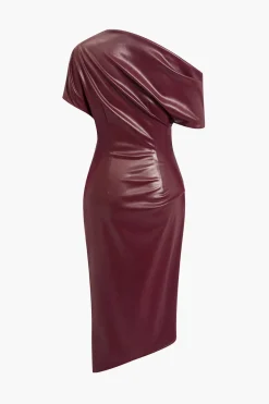 Asymmetrical Shoulder Faux Leather Bodycon Dress