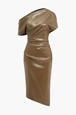 Asymmetrical Shoulder Faux Leather Bodycon Dress