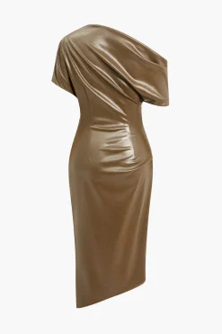 Asymmetrical Shoulder Faux Leather Bodycon Dress