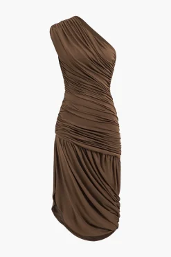 Asymmetrical Sleeveless Ruched Midi Dress