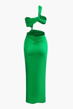 Asymmetrical Twist Ruched Slit One Shoulder Maxi Dress