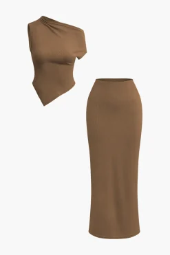 Asymmetrical Twist Top And High Waist Maxi Skirt Set
