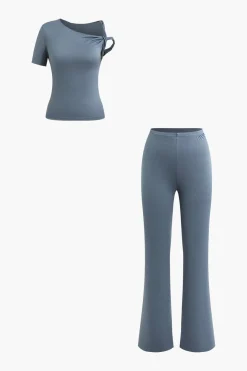 Asymmetrical Twisted Top And Flared Pants Set