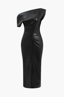 Asymmetry Faux Leather Zipper Midi Dress