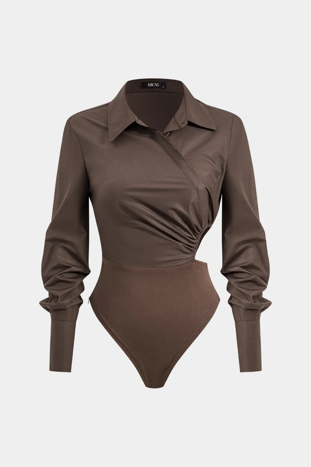 Asymmetry Patchwork Ruched Cut Out Long Sleeve Bodysuit
