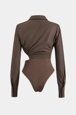 Asymmetry Patchwork Ruched Cut Out Long Sleeve Bodysuit