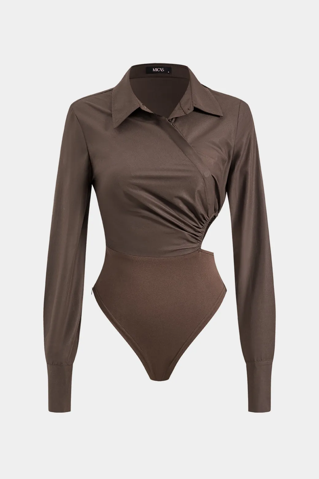 Asymmetry Patchwork Ruched Cut Out Long Sleeve Bodysuit