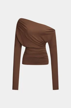 Asymmetry Shoulder Ruched Long-Sleeve Top