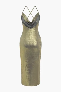Backless Draped Cowl Neck Midi Dress