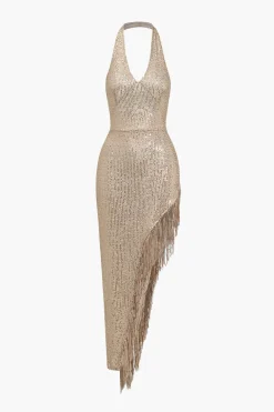 Backless Fringe Sequin Midi Dress