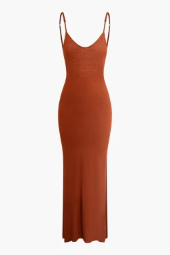 Backless Spaghetti Strap Slit Knit Dress