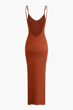 Backless Spaghetti Strap Slit Knit Dress
