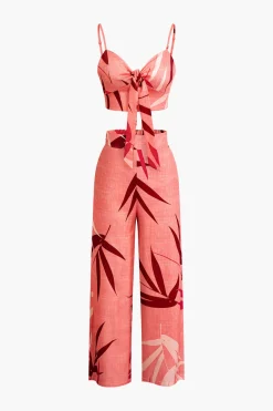 Bamboo Leaf Print Knot Cami Top And Pants Set